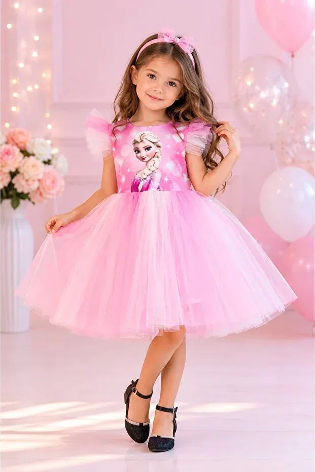 Детское платье для девочек с принтом Elsa Hmz Gold, Pink — фото 3