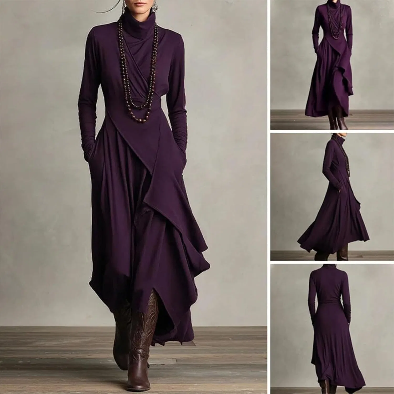 Женское платье макси с высокой горловиной асимметричное, Purple — фото 2