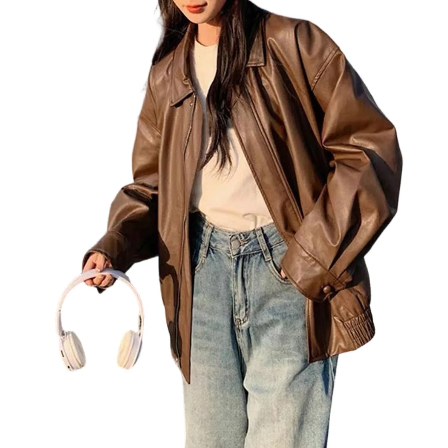Женская куртка из экокожи с длинным рукавом bomber, Marrone