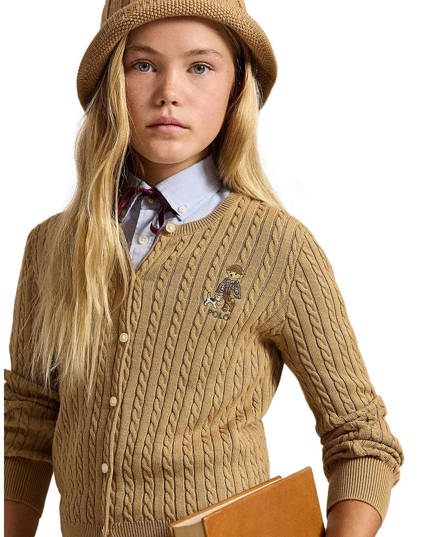 Кардиган с косами и принтом Polo Bear из хлопка, модель Polo Bear Mini-Cable Polo Ralph Lauren, Berkshire Tan — фото 3