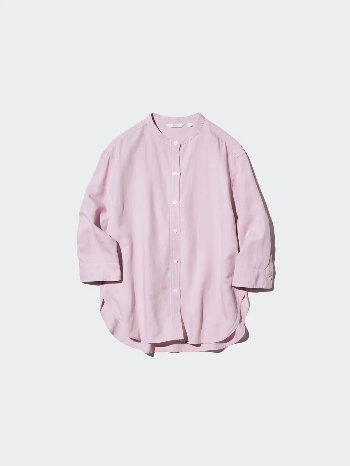 Рубашка Uniqlo, смесовая льняная ткань, воротник-стойка, рукав 3/4, фиолетовый — фото 3