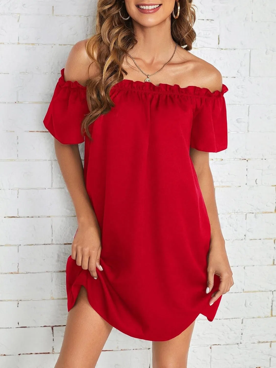 Женская повседневная туника с воланами Off Shoulder, Red — фото 2