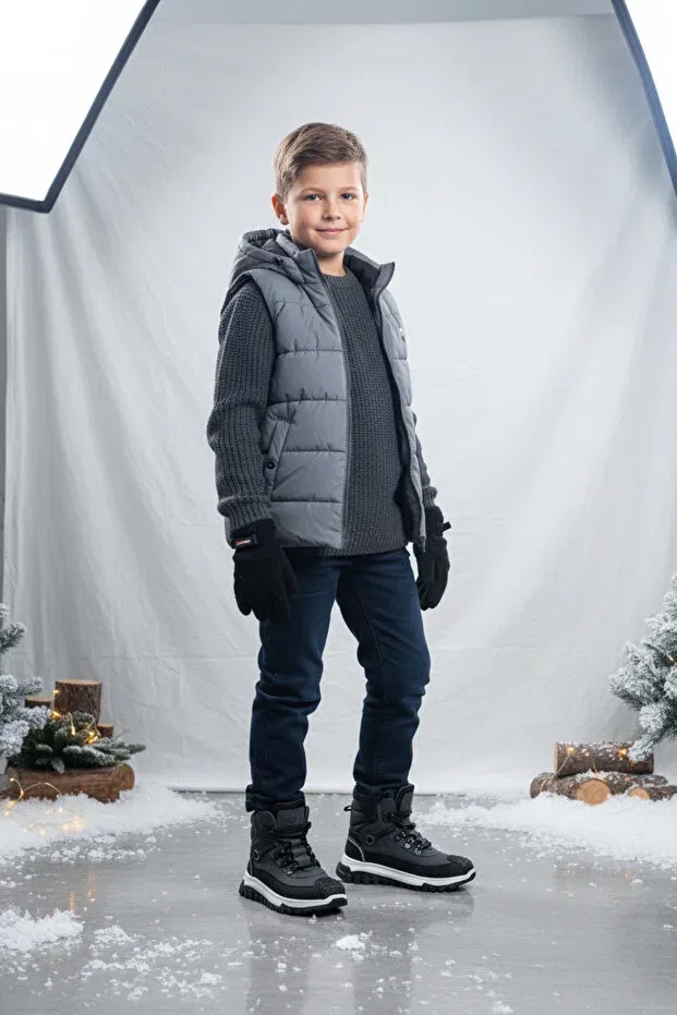 Детские ботинки для девочек кожаные с ортопедической стелькой Otto Boy's Cold Weather And Water Resistant Genuine Leather Smoked Color Winter Boots Kids A More, Smoke Grey — фото 2