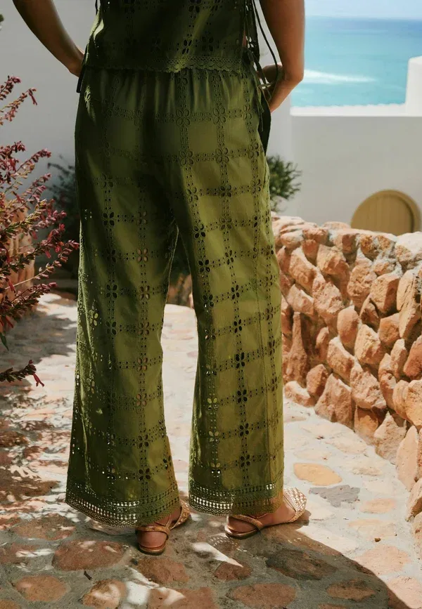 Брюки с вышивкой Petite fit - broderie square wide leg trousers Next, green, зеленый — фото 3