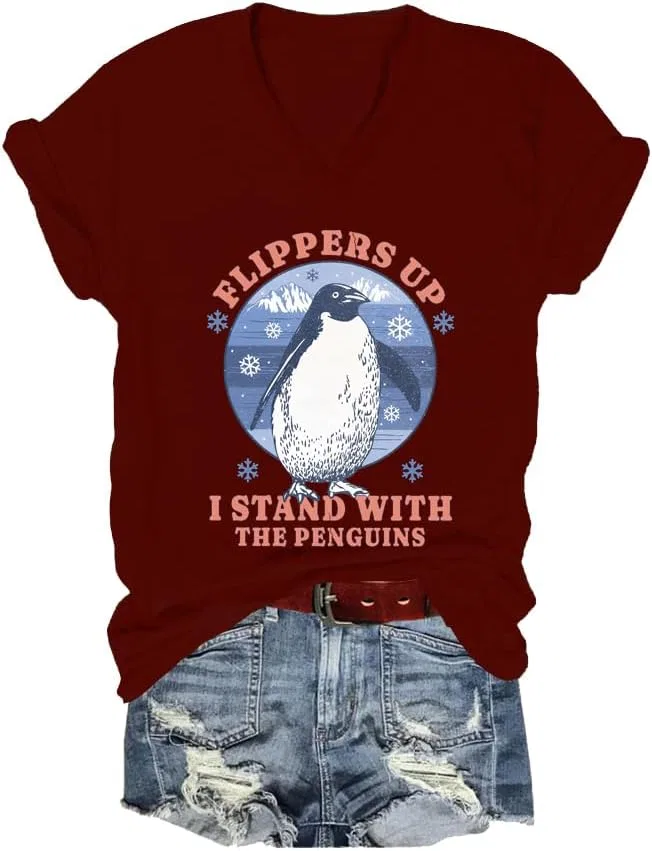 Унисекс футболка с V-образным вырезом Flippers Up Shirt I Stand with The Penguins, Claret