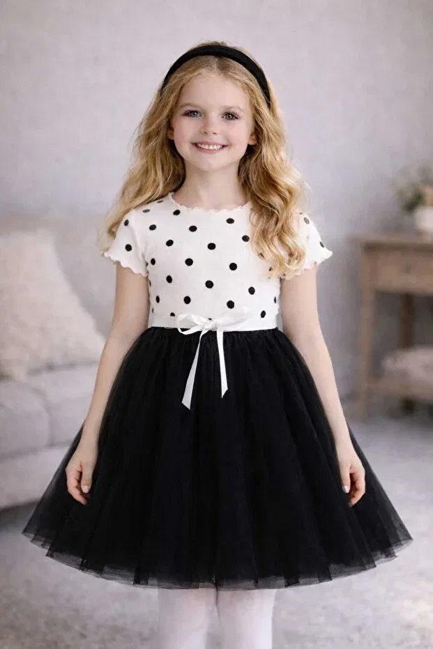 Детское платье для девочек с длинным рукавом Linda Şirin Şeyler Butiği, Short - White - Black