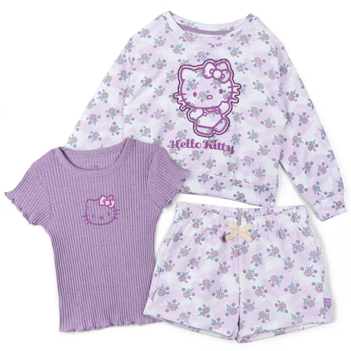 Детский комплект из свитшота, футболки и шорт для мальчиков Hello Kitty, Purple Mauve
