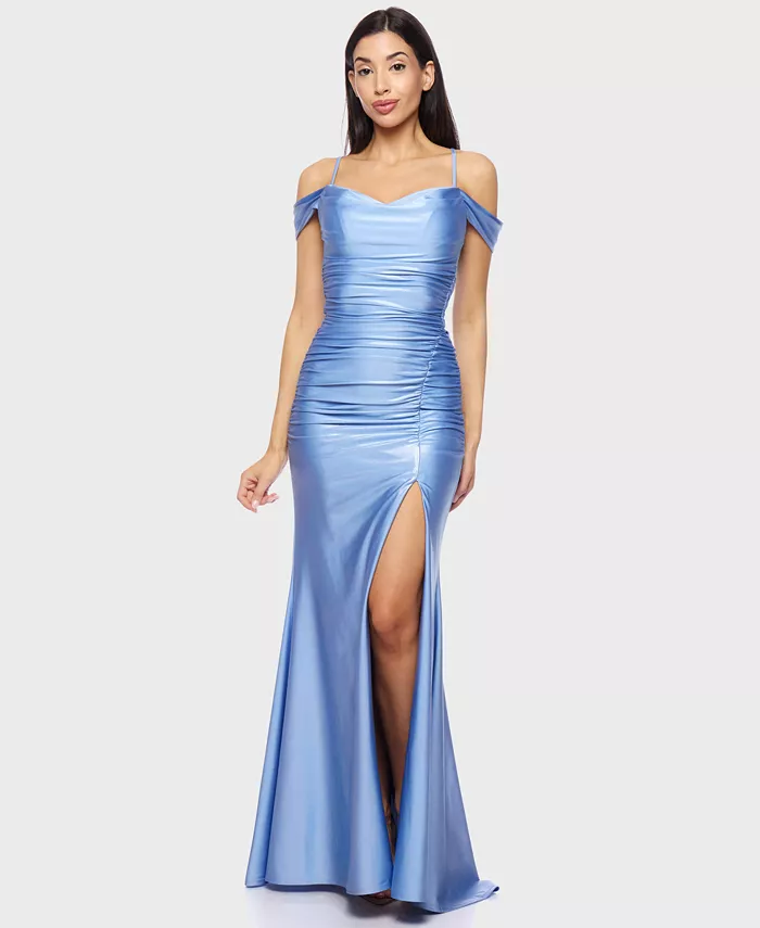 

Вечернее платье для девушек с открытыми плечами, разрезом спереди и сборками B Darlin, синий