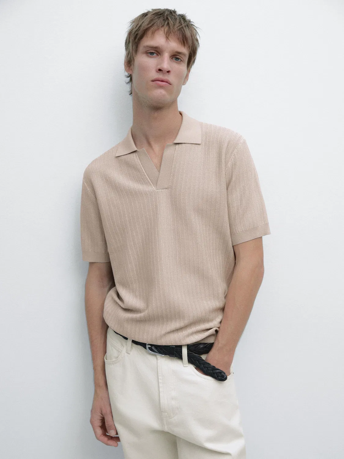 Жаккардовый вязаный свитер-поло Massimo Dutti, бежевый — фото 2
