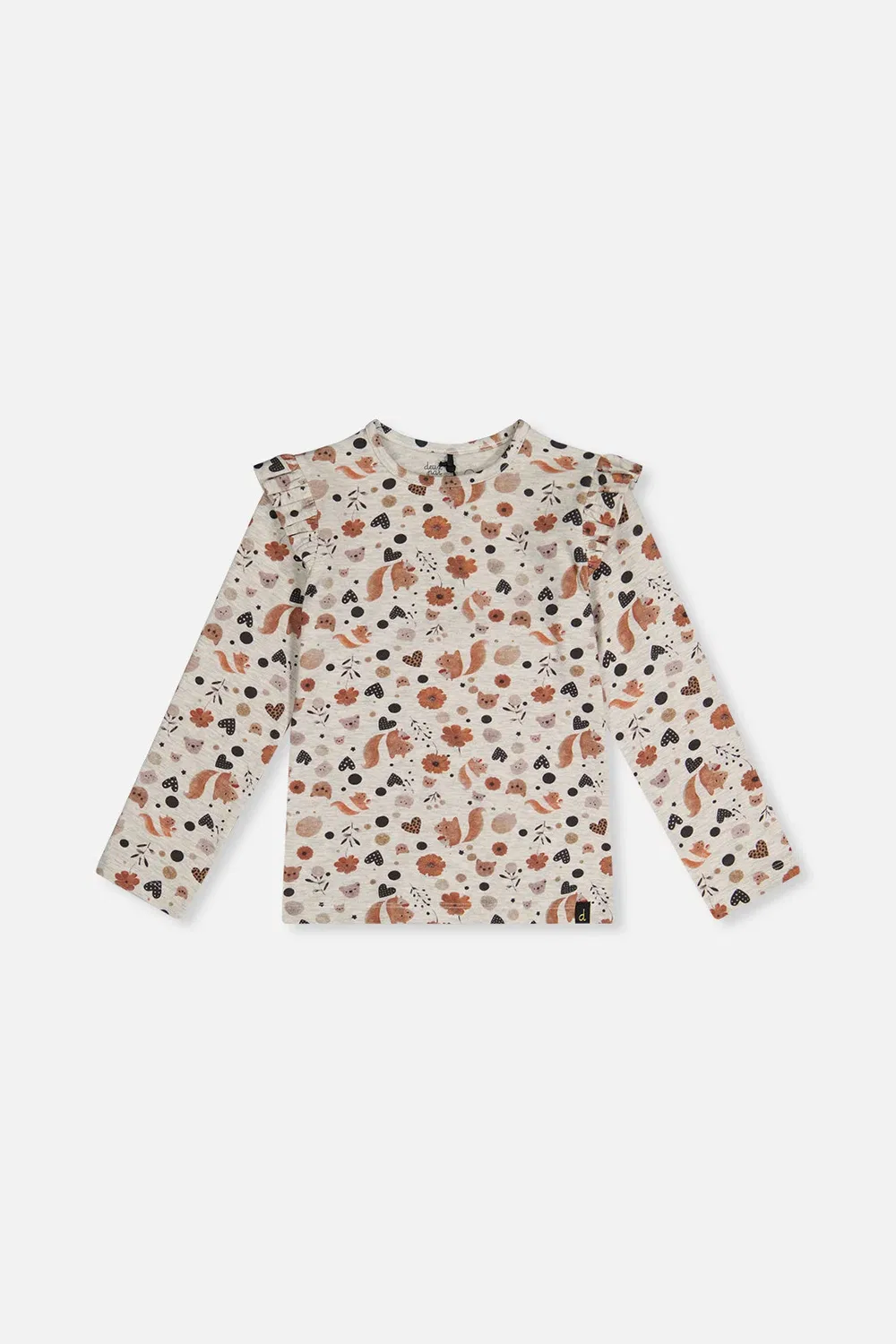Детская футболка для девочек с длинным рукавом с принтом Black Caramel Deux par Deux, Beige With Squirrel Print