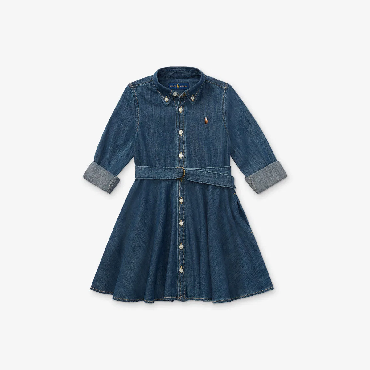 Платье-рубашка из джинсовой ткани с поясом и пони для девочек Polo Ralph Lauren, синий