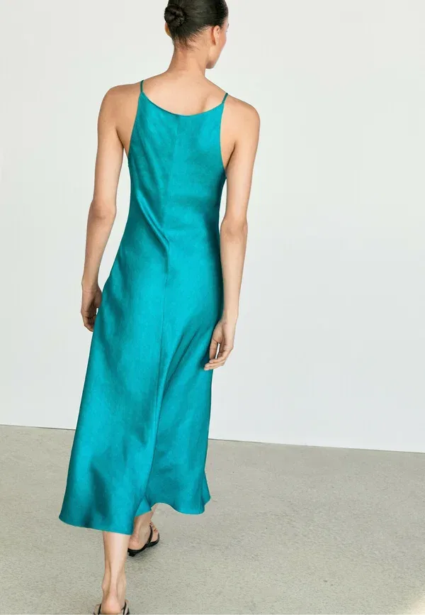 Платье сатиновое Flowing satin midi dress, Massimo Dutti, темно-синий — фото 3
