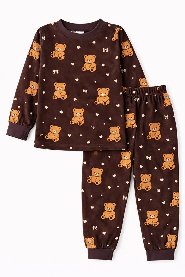 Детский комплект пижамы из микрозамши с принтом Ozbaby.Com, Brown — фото 2