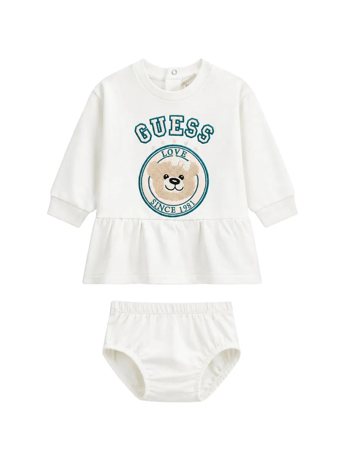 Комплект из платья и блумеров с оборками и логотипом Guess Kids, белый