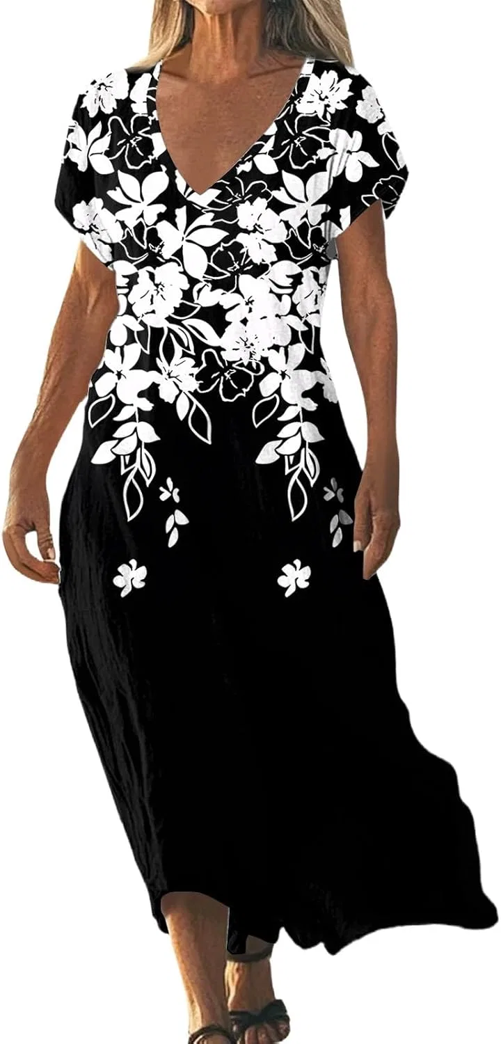 Женское летнее платье макси с V-образным вырезом из льняного хлопка Casual Boho, Black