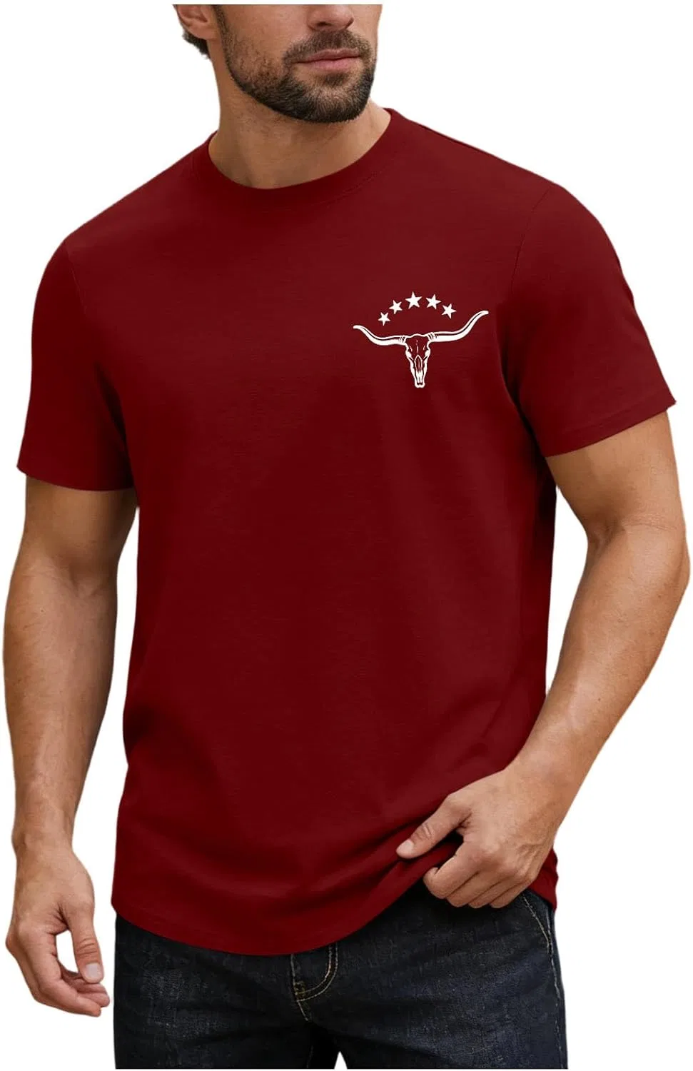 Мужская футболка с рисунком черепа быка, Crew Neck, Black/Red