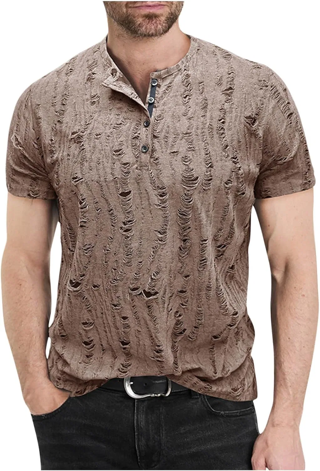 Мужская футболка с рваными дырками Henley, Brown