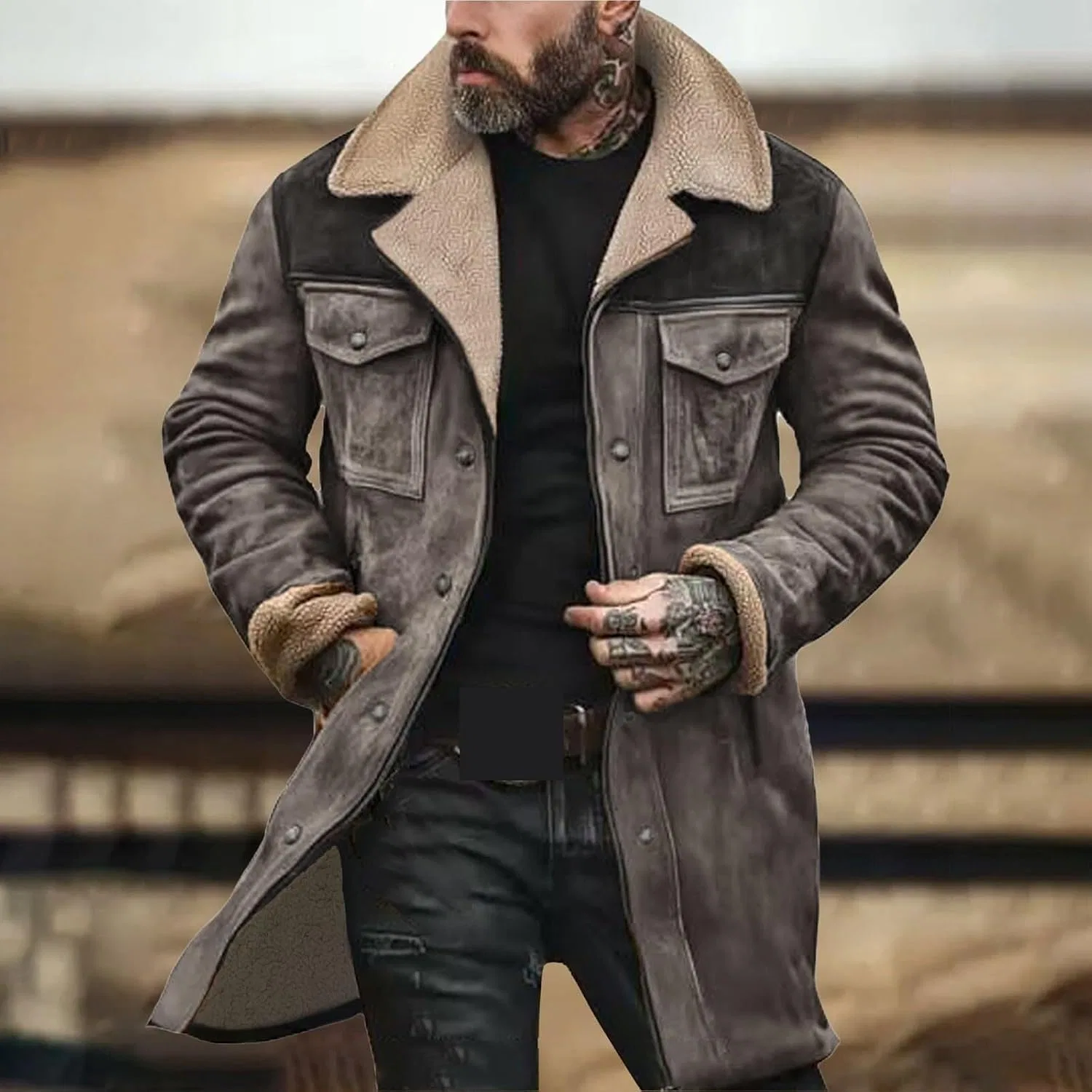 Мужская куртка из кожзаменителя с воротником, Vintage Suede, серый — фото 2