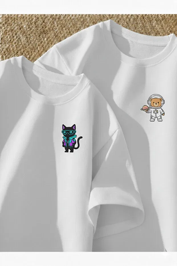 Детский комплект футболок с принтом Cute cat printed premium oversize t-shirt couple combination set of 2 Gencerco, White
