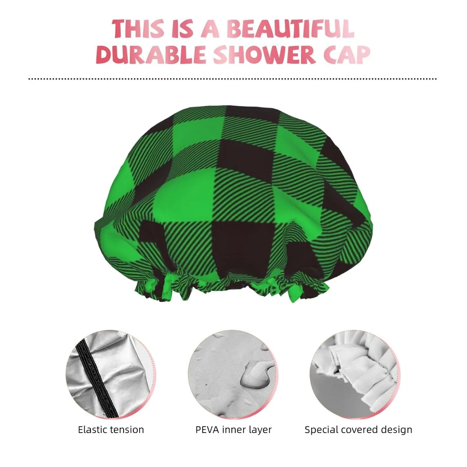 Двухслойная водонепроницаемая шапочка для душа, Buffalo Plaid, Xiso Ver, зелено-черный, диаметр 27 см — фото 4