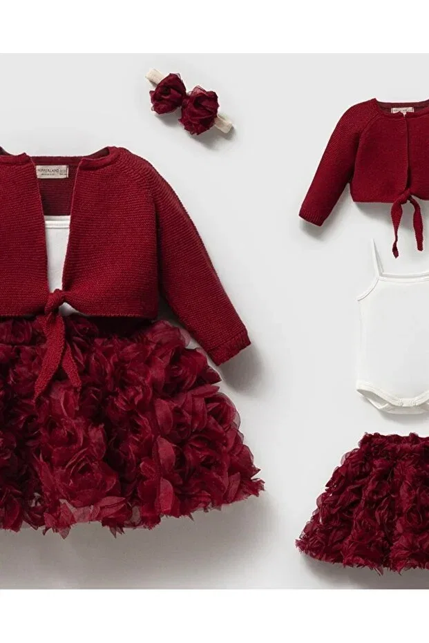 Детский комплект для девочек вязаный с принтом Rosalinda knit cardigan with rose skirt 4-piece organic baby girl set Mert Baby, Burgundy — фото 3