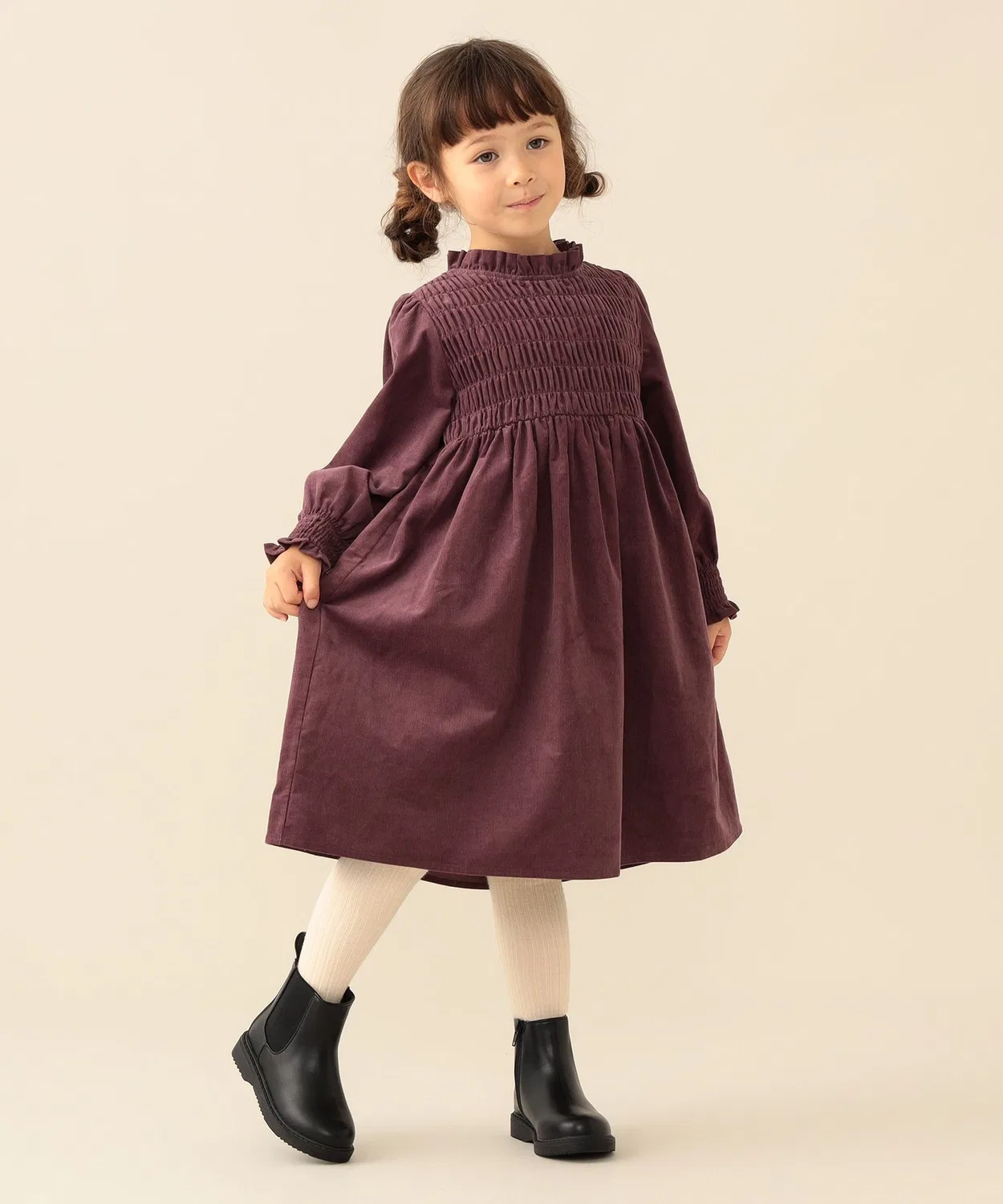 Детское платье из вельвета с длинным рукавом2026FW BEAMS mini, Purple