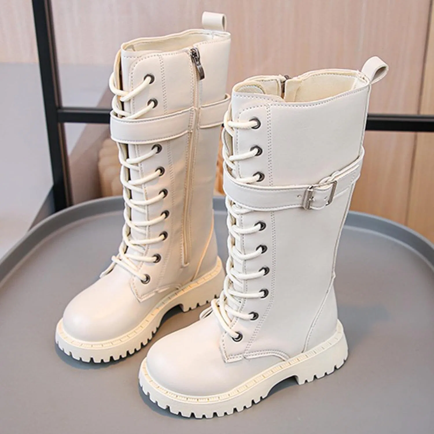 Детские ботинки для девочек на шнуровке из PU-кожи, мид-каф, White — фото 2