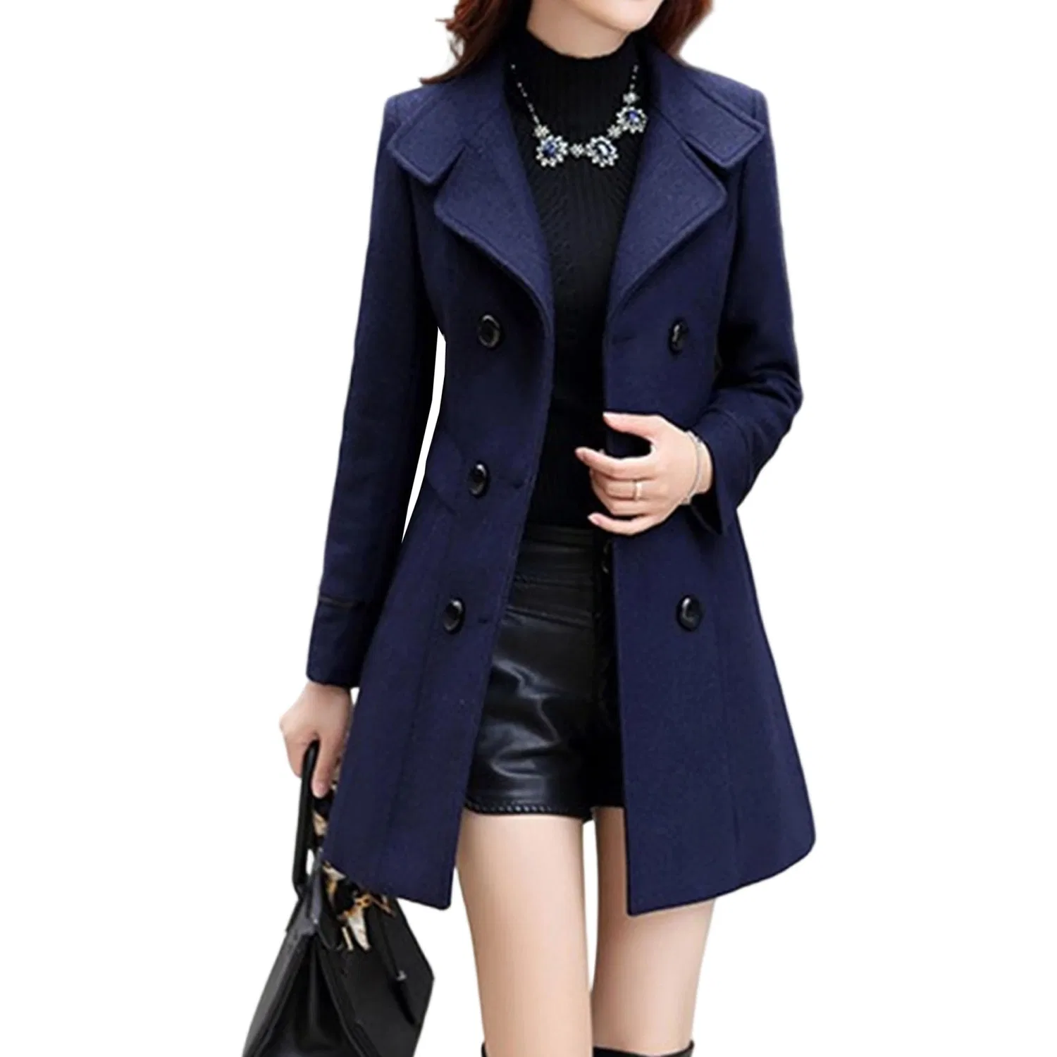 Женское зимнее пальто с воротником-питерпэн, двубортное, Blu navy