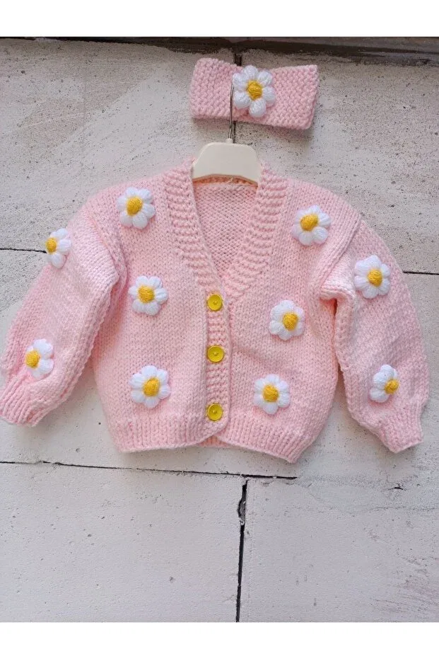 Детский кардиган для девочек с цветочным принтом El Örgüsü Cici Bebe, Powder Pink — фото 3
