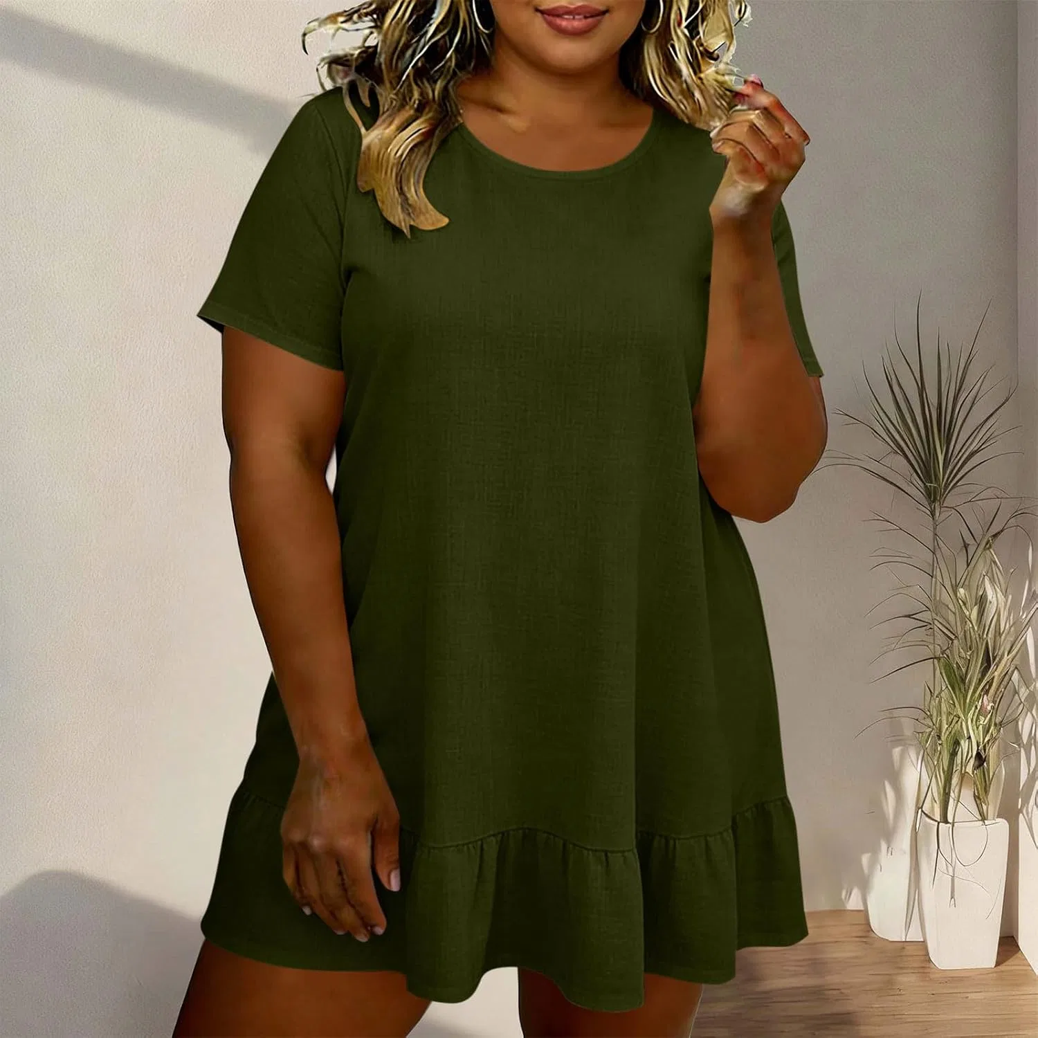 Женское летнее мини-платье babydoll с короткими рукавами и карманами, Army Green — фото 2