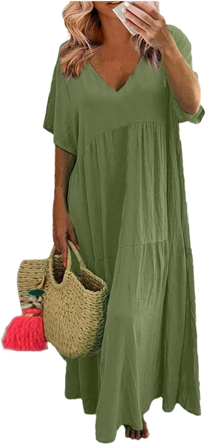 Женское макси-платье свободного кроя V-образным вырезом Cotton Linen, Dark Green — фото 2