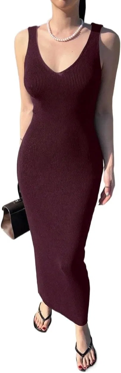 Женское платье V-образным вырезом облегающее длинное Knitwear, Burgundy