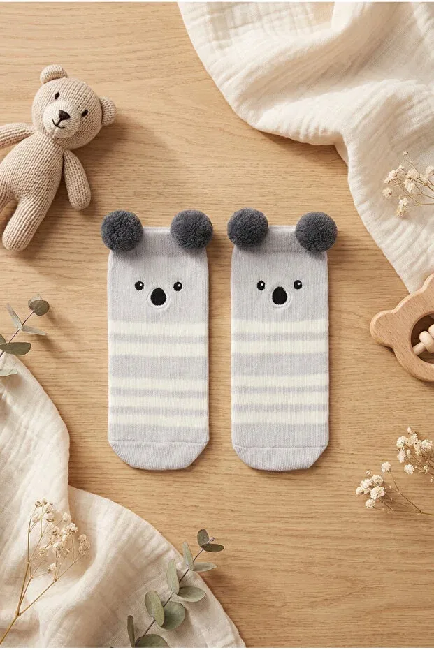 Детские носки с принтом модель Baby socks with pompom accessories, cute koala patterned socks Katia&Bony, Gray — фото 3