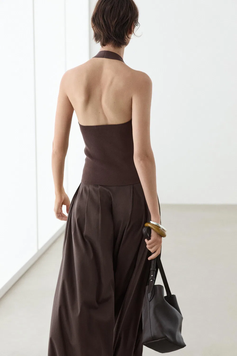 Топ Massimo Dutti, облегающий, с завязками на шее, коричневый — фото 4