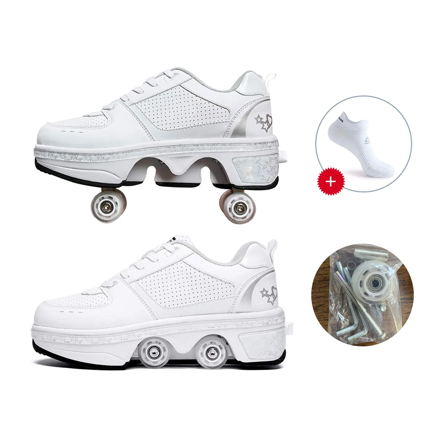 Детские кроссовки-ролики с колесами для скейта, Deformation Roller Shoes JTKDL, Silver — фото 2