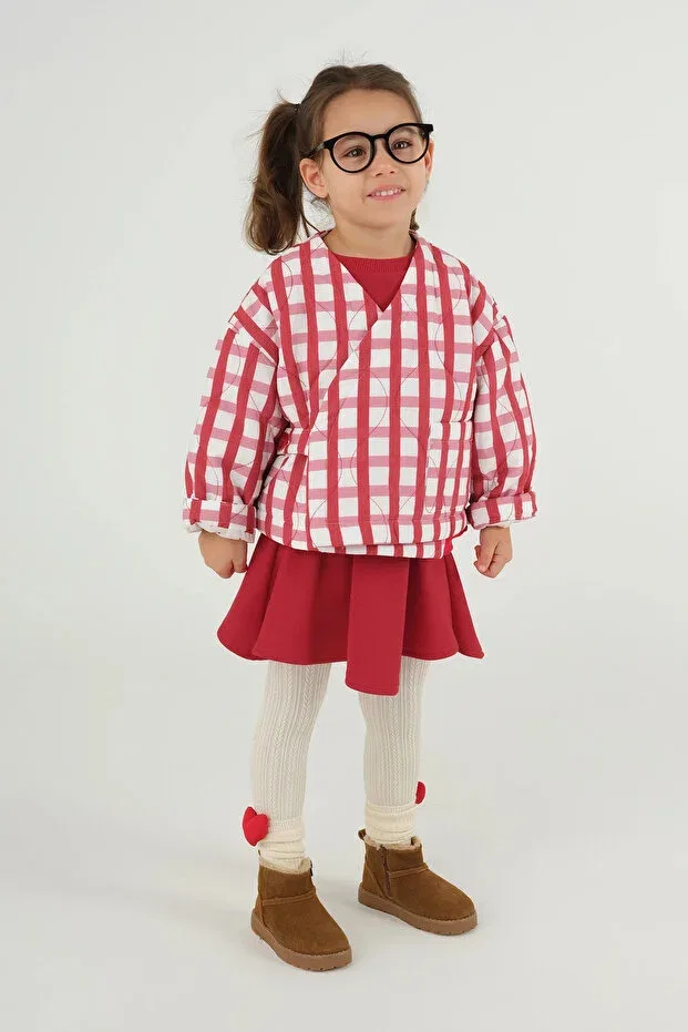 Детская куртка для девочек с принтом Double-Breasted red plaid patterned jacket Mioma Kids, Red — фото 2