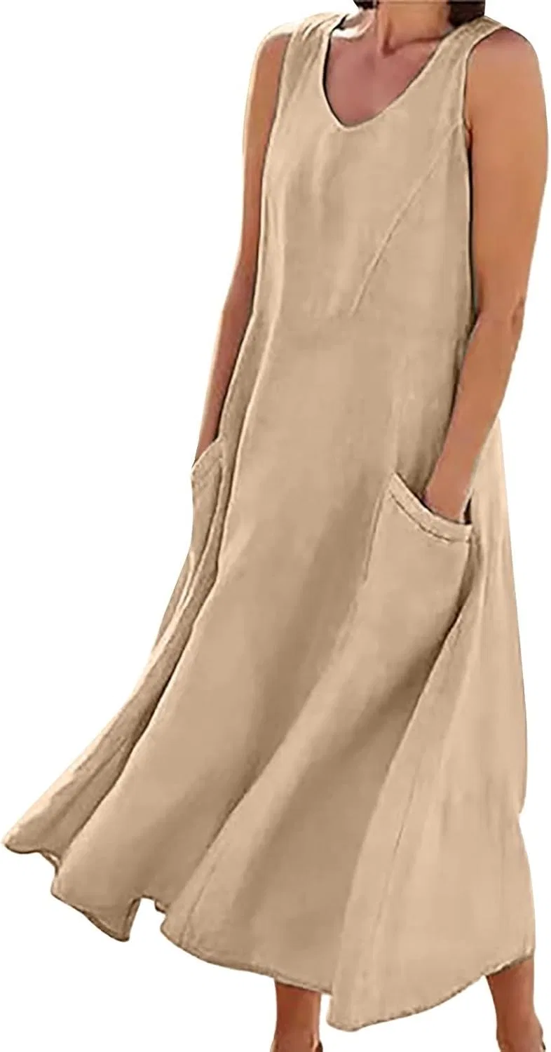 Женское летнее платье макси из хлопка и льна, Beige