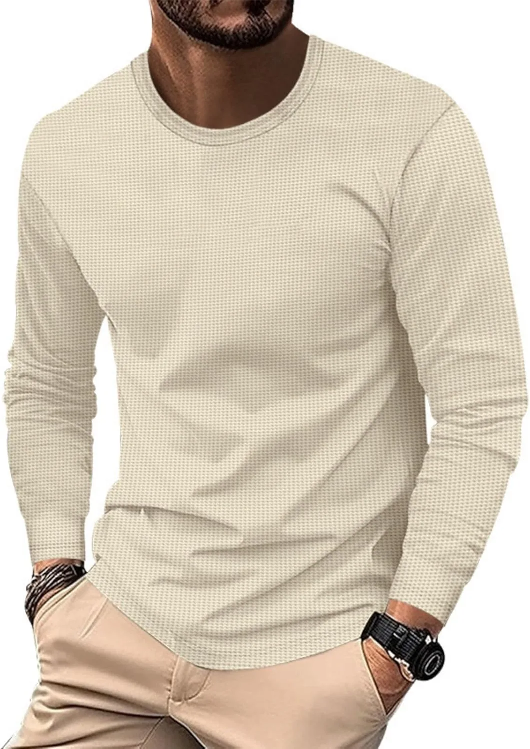 

Мужская гольф-рубашка с длинным рукавом, Casual, Vintage, однотонная, вафельная, Pullover, эластичная, мягкая, Crewneck Muscularfit