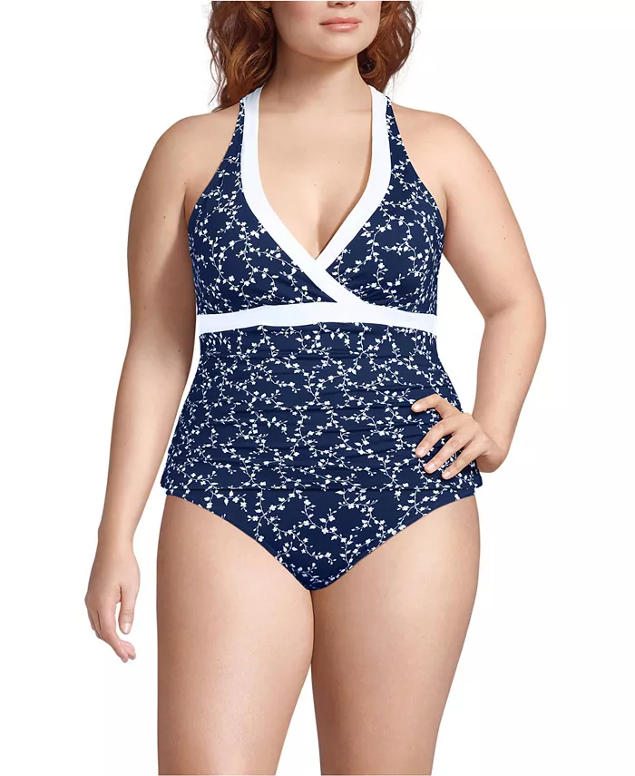 

Топ-танкини с V-образным вырезом и бретелями на шее Plus Size Lands' End, синий