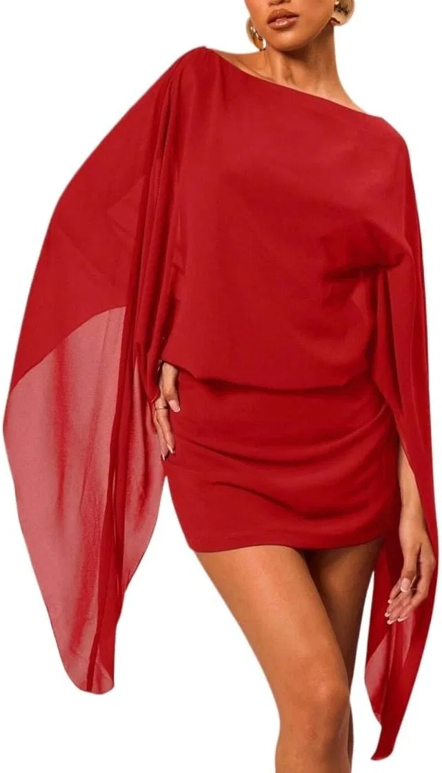 Женское мини-платье с асимметричным вырезом Boat Neck Cloak Sleeve, Red
