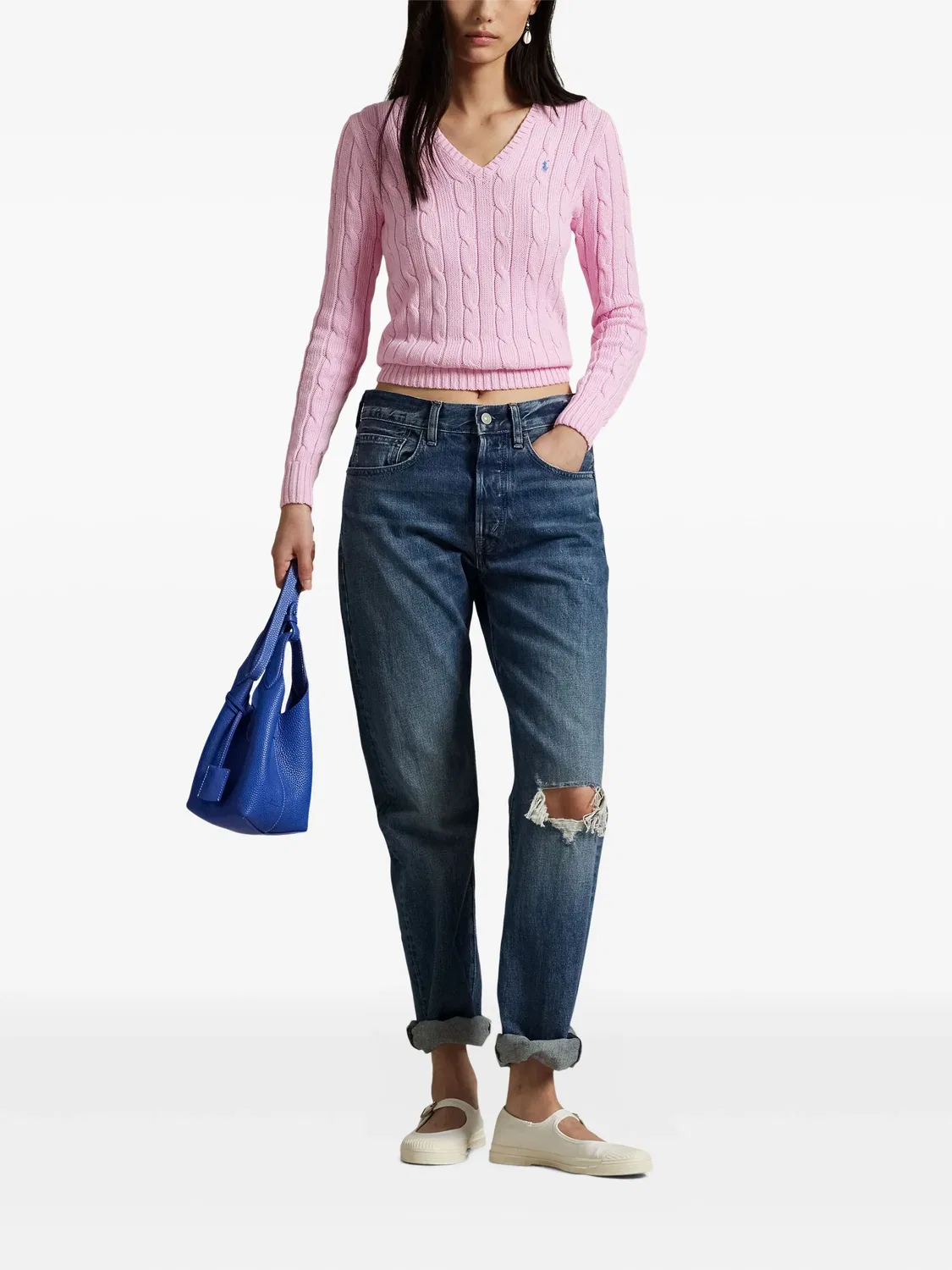 Свитер с V-образным вырезом и косичками Polo Ralph Lauren, карамельный розовый — фото 4