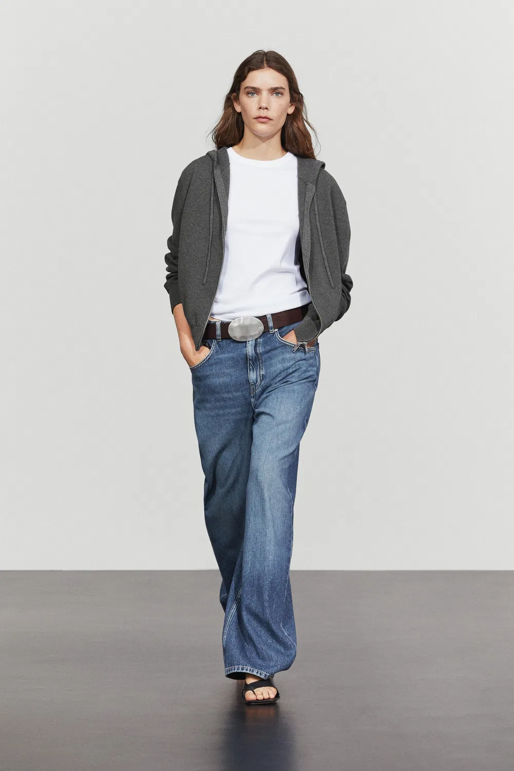 Кардиган Massimo Dutti Cotton Blend Knit Hooded, серый — фото 3
