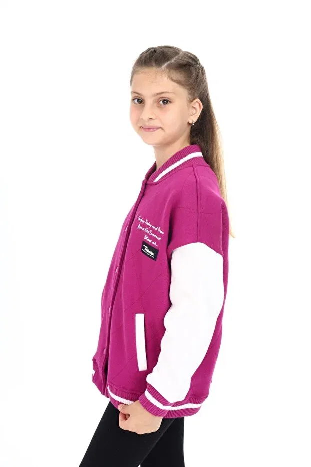 Детский кардиган для девочек с принтом, вышивкой College Collar Snap Closure Pocket Low Shoulder Embroidery Printed Color Block Knitted Toontoy, Plum