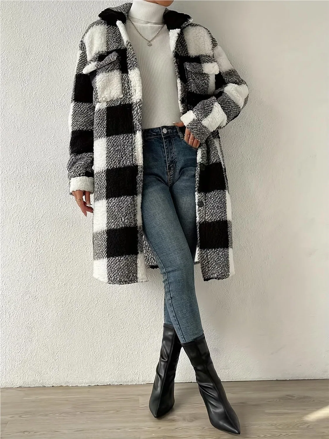 Женское пальто с принтом Camicia Giacca Lunga Donna Quadri Pile Morbido Bottoni Colletto, Beige — фото 3