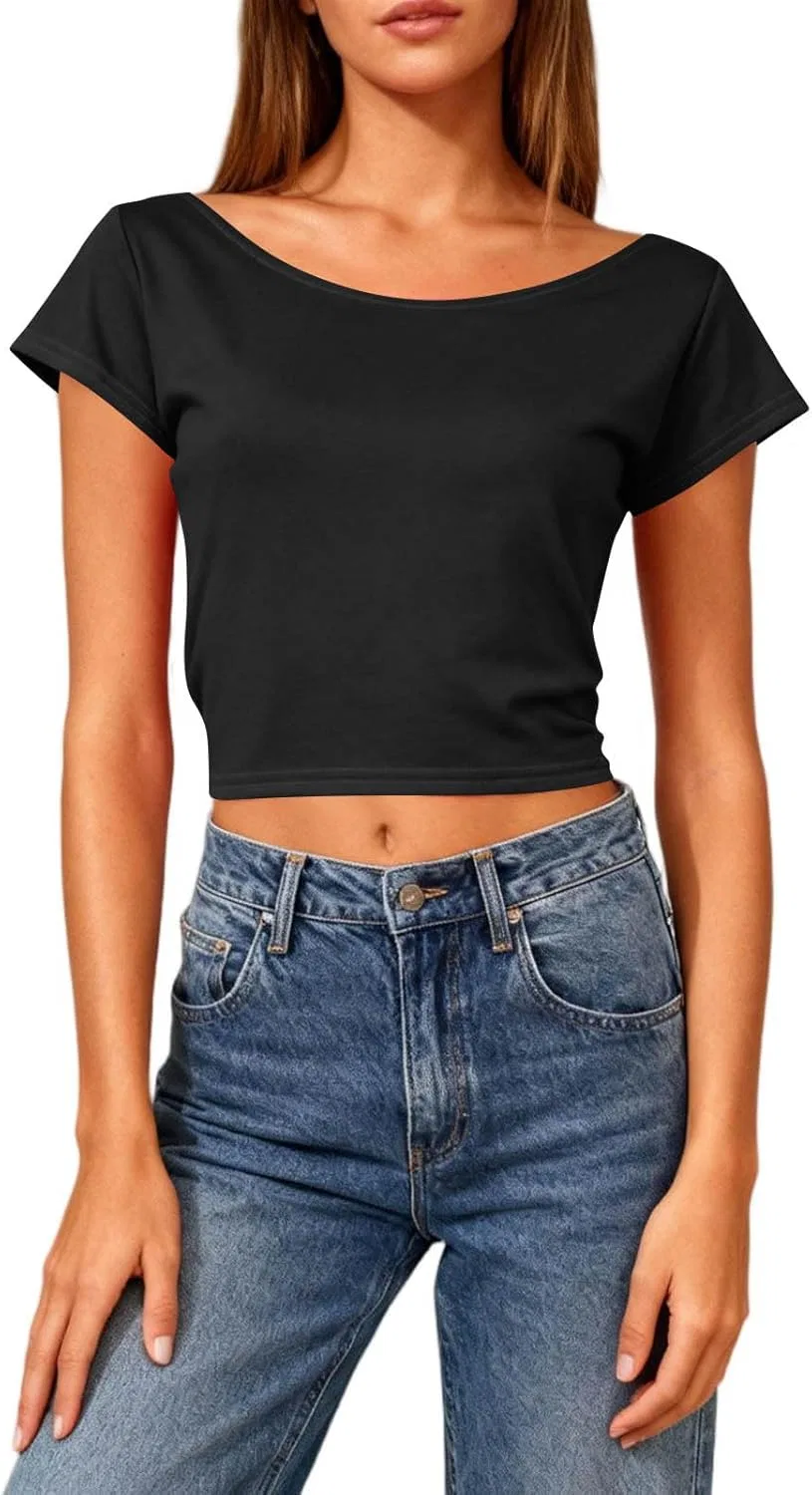 Женская свободная футболка с открытой спиной Crop Top, Black — фото 4