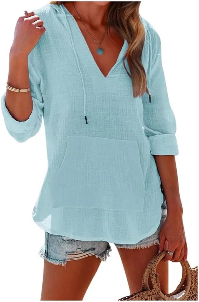 Женская пляжная накидка с капюшоном из льна, Txcycyaxx-blue-x-large, Blue
