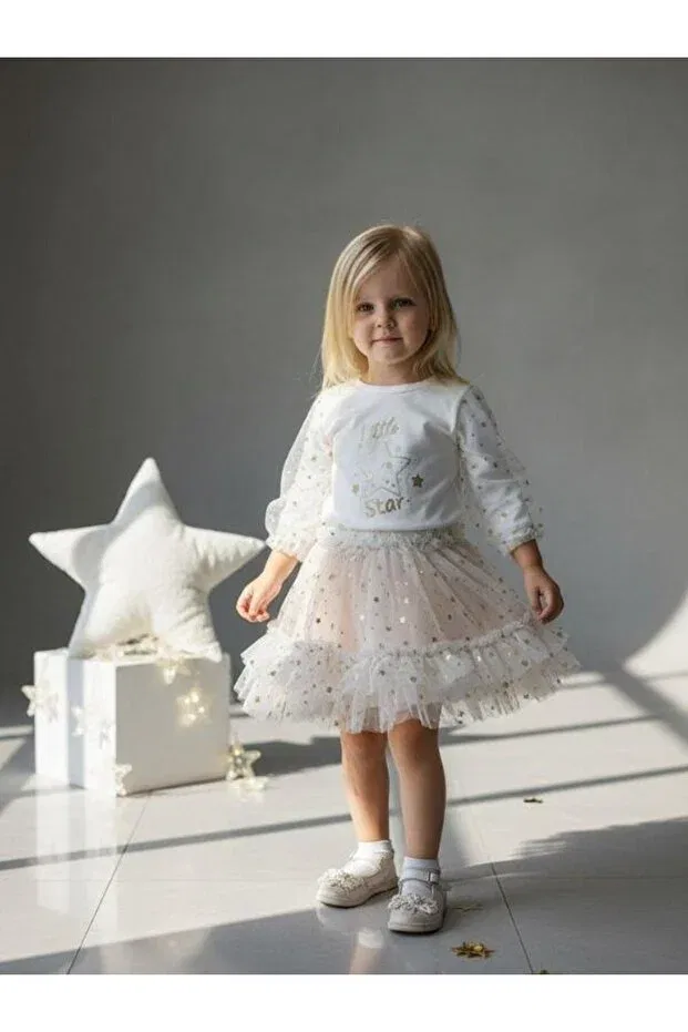 Детский комплект платьев с принтом Star Patterned Tutu Skirt Set Zekids, Cream — фото 2
