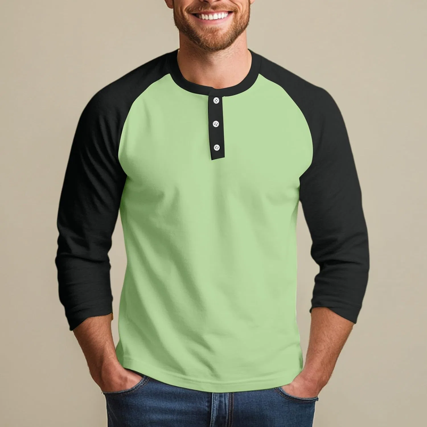 Мужская спортивная футболка с длинным рукавом 3/4, реглан, Light Green — фото 3