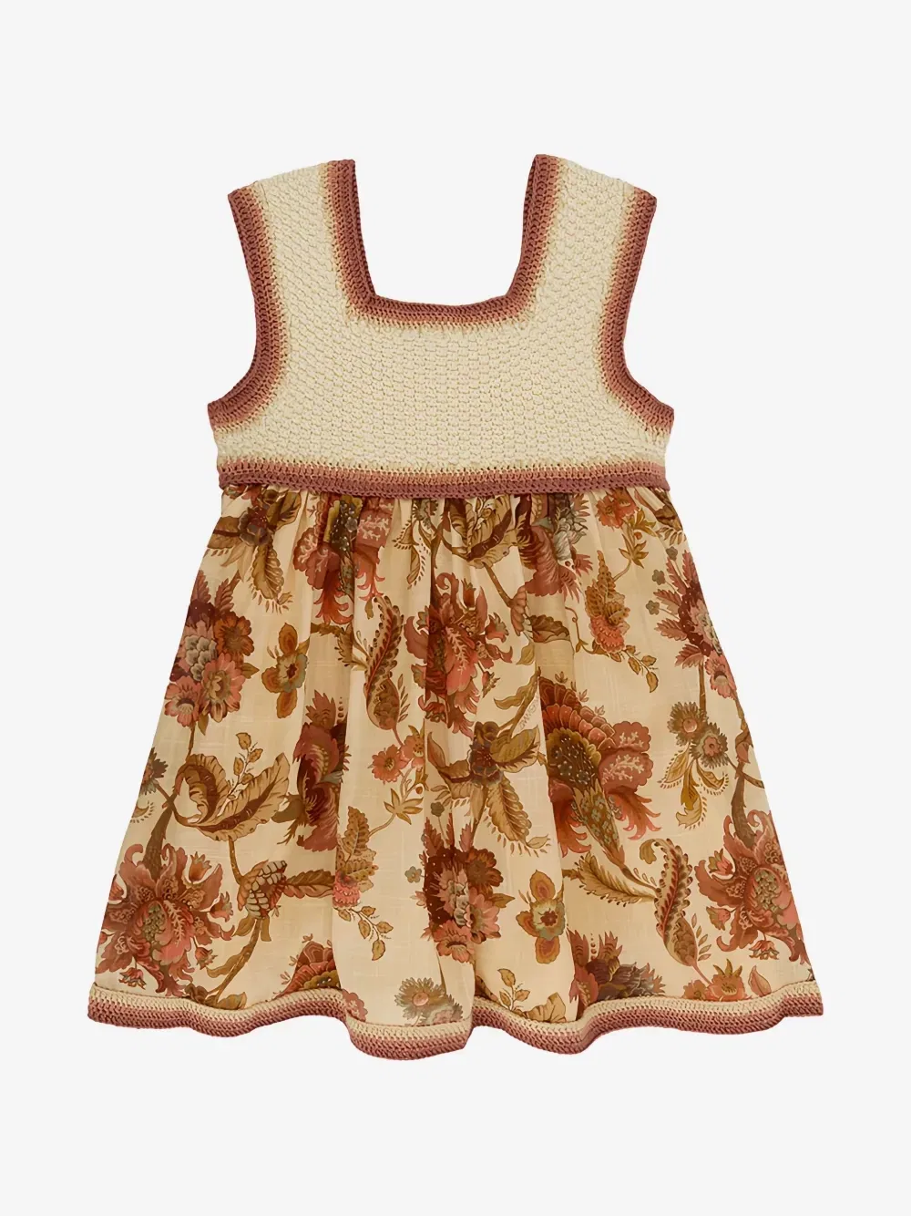 Платье с цветочным принтом Aster и вставками из кроше ZIMMERMANN Kids, бежевый — фото 2