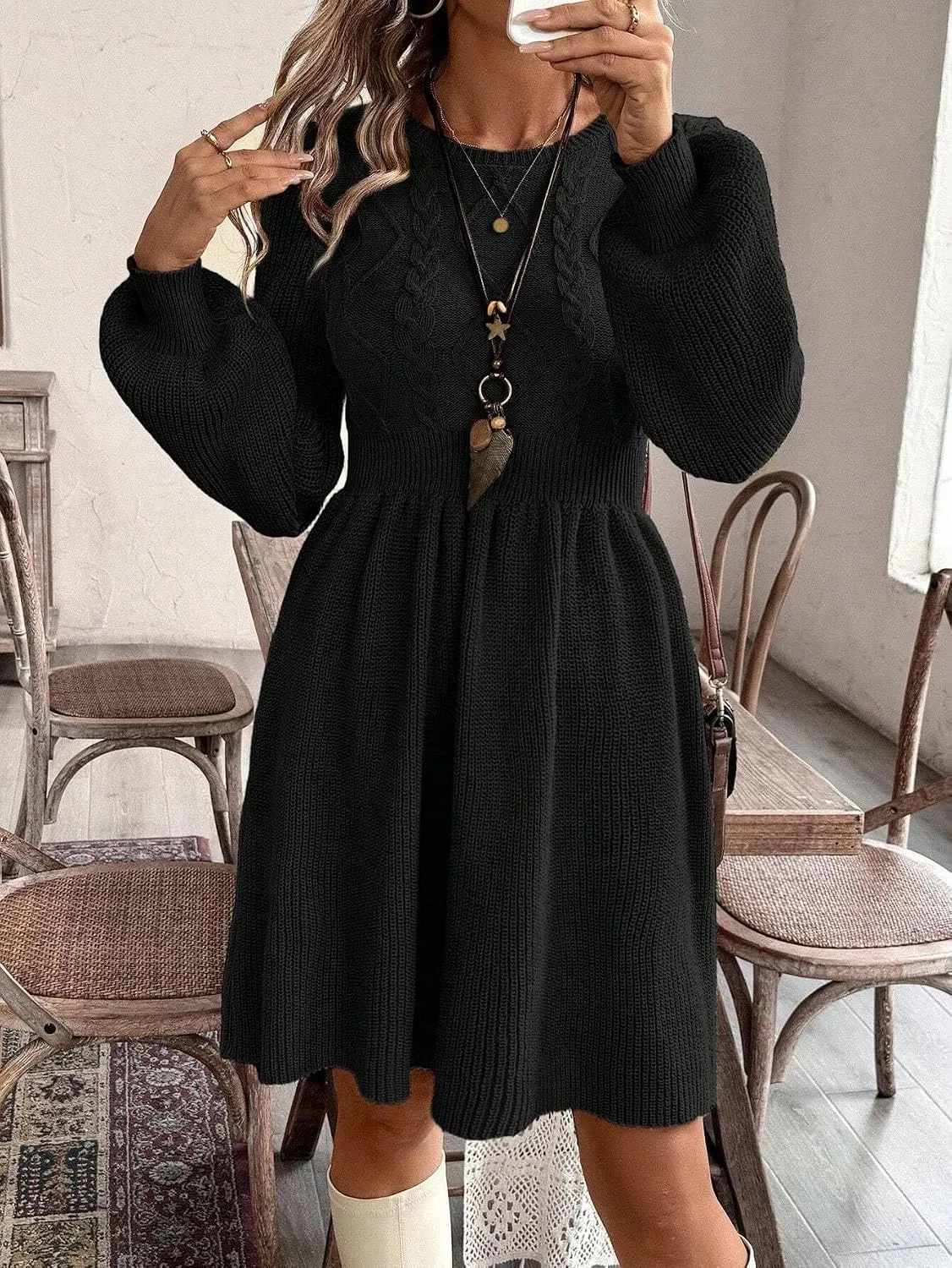 Женское короткое платье-свитер Cable-knit, Black — фото 4
